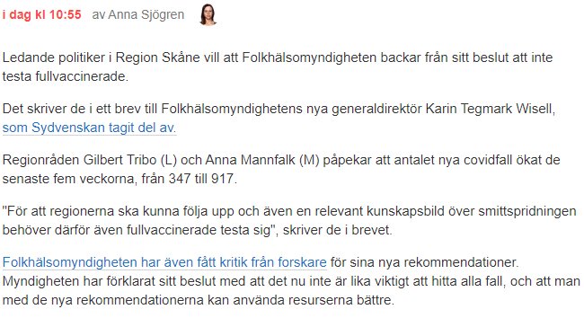 Skärmdump av en nyhetsartikel om diskussion kring testning av fullvaccinerade i Region Skåne.