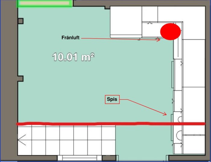 Planritning av kök med markerad frånluftrörinstallation som böjer 90 grader och en spisposition.