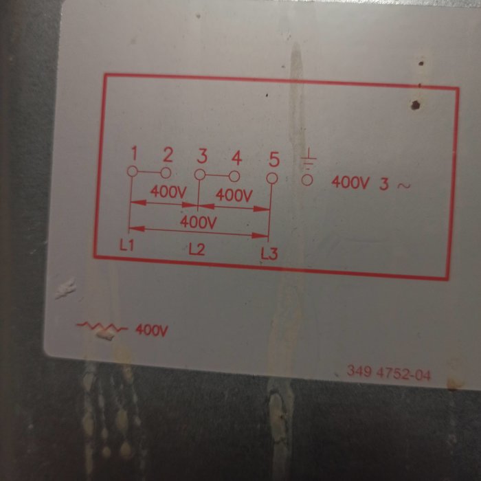 Klistermärke på baksidan av en spis med elektriskt schema för 400V anslutning.