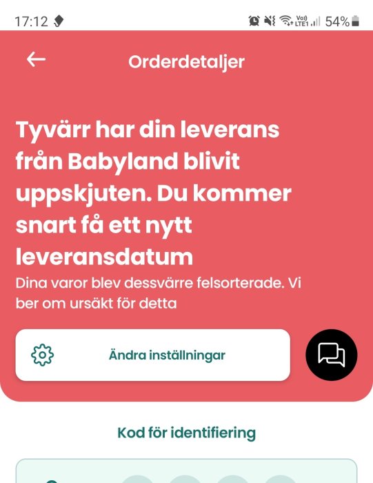 Skärmdump av ett leveransmeddelande där ett paket från Babyland blivit uppskjutet.