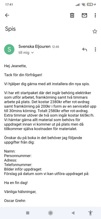 Skärmbild av mejl med erbjudande från elektriker om att installera spis, inkluderar pris och information för bokning.