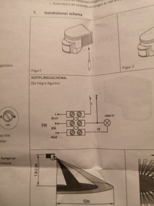 Elektrisk kopplingsschema för installation av rörelsevakt med markeringar för L, N, och A ledningar.