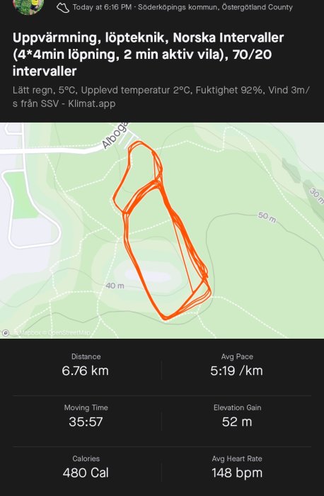 Kartapp visar löprunda på 6,76 km med tiden 35:57, hastighet 5:19/km, och hjärtfrekvens på 148 bpm.