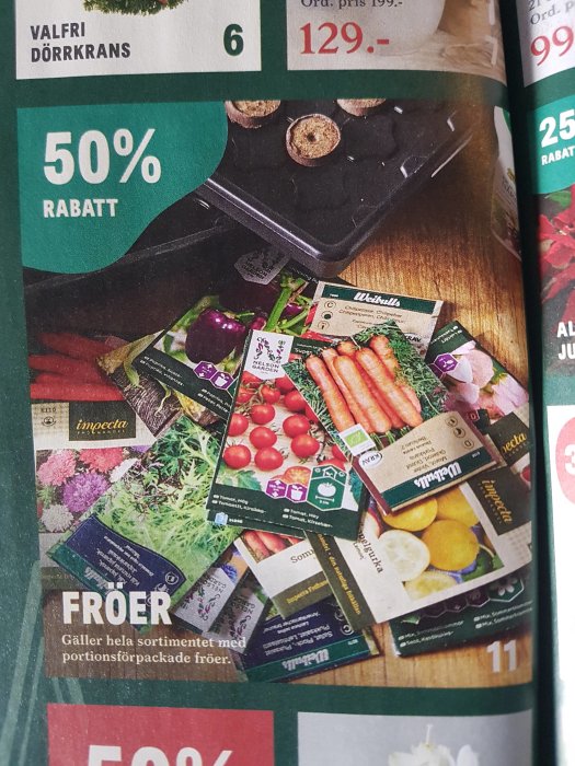Reklamblad med erbjudande om 50% rabatt på ett urval av trädgårdsfröer och text som annonserar kampanjen.