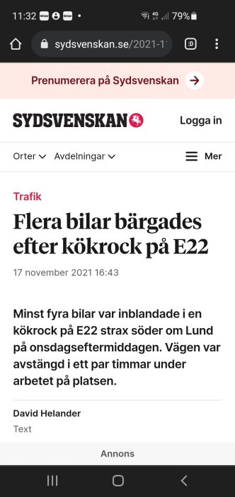 Skärmdump av en nyhetsartikel om flera bilar bärgade efter en kökrock på E22.