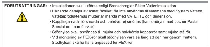 Monteringsanvisning med försiktighetsrekommendationer för installation av Vatette klämringskoppling.