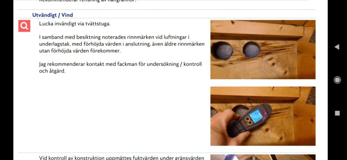 Besiktningsprotokoll om ventilation med fotnot och bilder på trävägg med ventiler, handhållen fuktmätare visar värde.