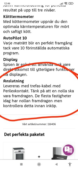 Skärmdump av ett diskussionsinlägg om spisanslutning med text och artikelnummer.