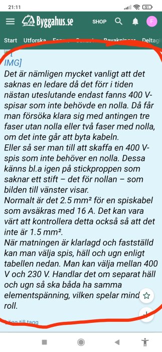 Skärmbild av ett foruminlägg om problem med spisuttag och avsaknad av nolla för en spis.