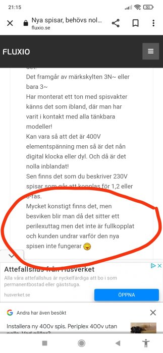 Skärmdump av forumtråd där en användare uttrycker frustration över spisinstallation och saknad nolla i uttaget.