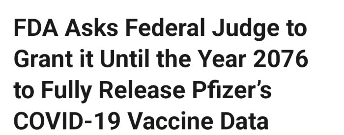 Rubrik som säger "FDA Asks Federal Judge to Grant it Until the Year 2076 to Fully Release Pfizer's COVID-19 Vaccine Data".