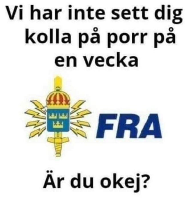 Meme med text om att inte ha sett någon kolla på porr, FRA-logotypen och texten "Är du okej?