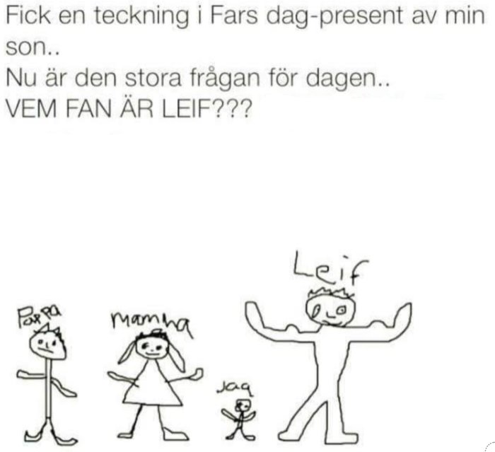 Barns teckning av familj med texten "Pappa", "Mamma", "jag" och felaktigt "Leif".