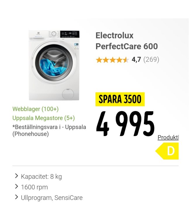 Electrolux PerfectCare 600 tvättmaskin reklam med pris och kundbetyg.