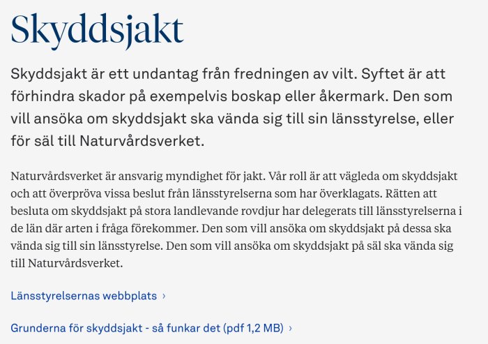 Skärmdump av information om skyddsjakt från Naturvårdsverkets webbplats.