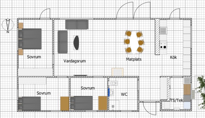 Ritning av en lägenhetsplan med sovrum, vardagsrum, kök, matplats och wc tydligt markerade.