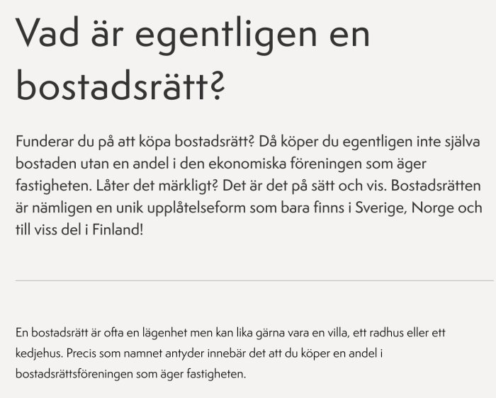 Skärmdump av en artikel som förklarar vad en bostadsrätt är, med betoning på dess unikhet i Skandinavien.