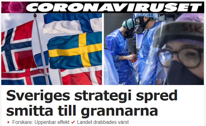 Nordiska flaggor med text om Sveriges coronastrategi och sjukvårdspersonal i skyddskläder.