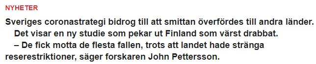 En skärmdump av en nyhetsartikel som diskuterar Sveriges coronastrategi och dess påverkan på Finland.