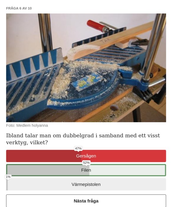 Gersåg inställd för dubbelgering med spån och klemmor på ett arbetsbord.