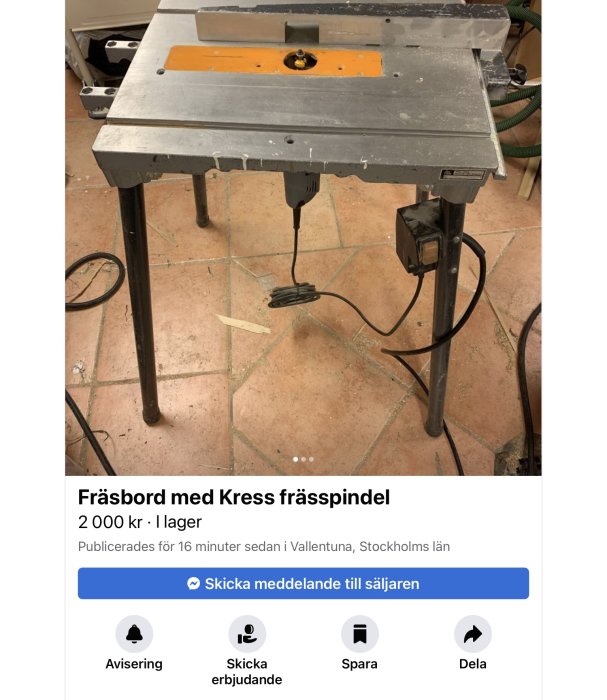 Ett begagnat Elu kombifräsbord med monterad fräsmotor och 8mm spindel, synligt slitage men stabilt, i en verkstadsmiljö.