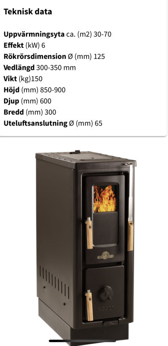Svart smalspis JD 320 med eld synlig genom glaslucka, vedförvaring och teknisk data ovan.