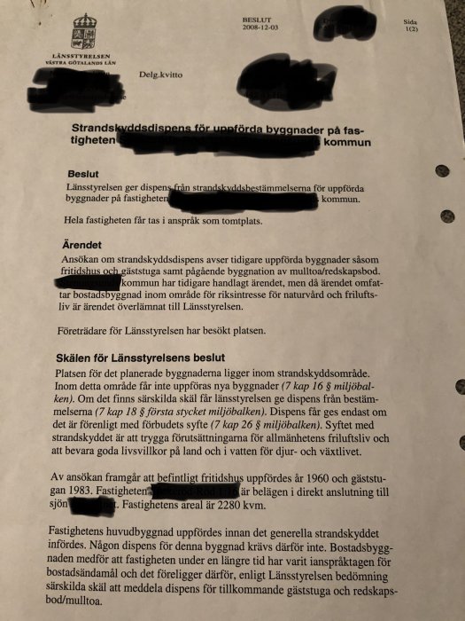 Bild på ett officiellt beslut från Länsstyrelsen med viss text maskerad för integritet.