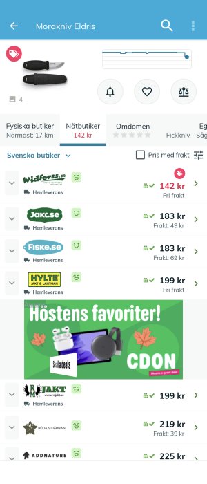 Prisjämförelse för Morakniv Eldris bland olika svenska nätbutiker där en erbjuder fri frakt för 142 kr.