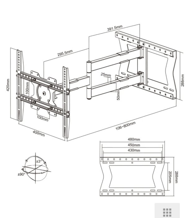 Teknisk ritning av ett väggfäste med arm för TV, inklusive mått och vridningsvinklar.