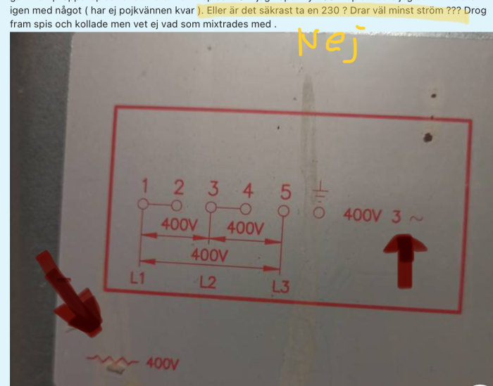 Elritning som visar anslutning för tre-fas 400V spis med schematiska markeringar och handskrivet "Nej".