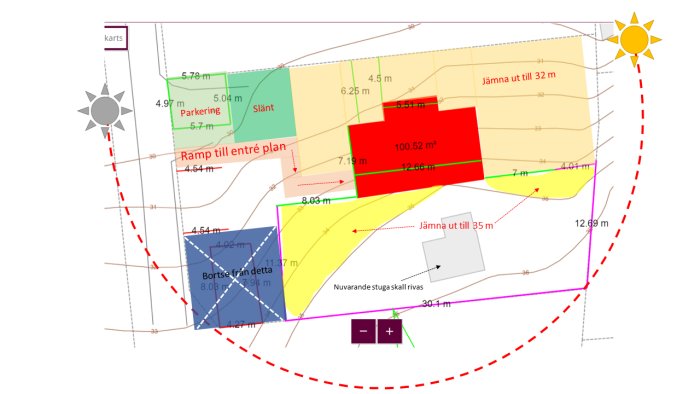 Skiss på tomtkartan med markerade höjdnivåer och planerad plats för ett 2-plans hus med dimensioner och avstånd.