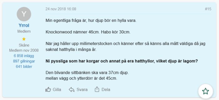 Skärmdump av ett foruminlägg med diskussion om hyllors djup.