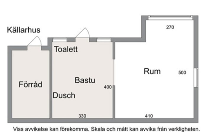 Ritning av ett gammalt brygghus med dimensioner, innehållande förråd, toalett, bastu, dusch och ett rum.