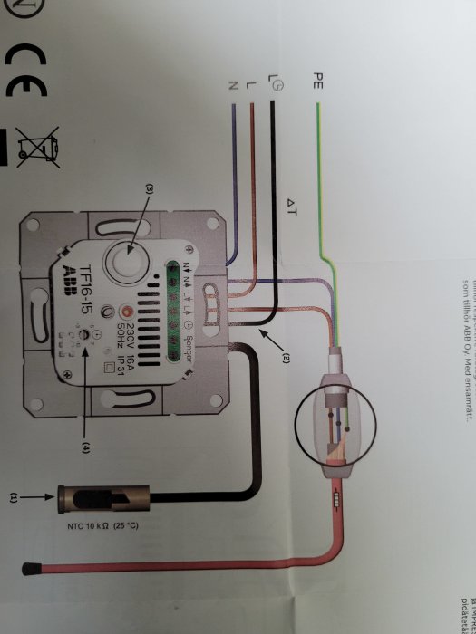 Schematisk illustration av anslutning för ABB TF-15 golvvärmetermostat.