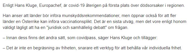 Skärmdump av en nyhetsartikel om covid-19-pandemin med fokus på munskyddsrekommendationer och vaccinpassdiskussion.