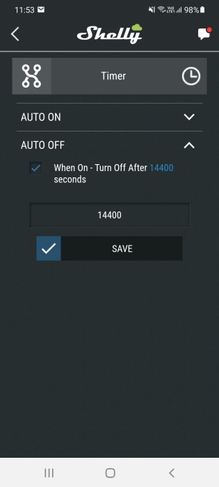 Skärmdump av Timer-inställningar i Shelly-app med AUTO OFF funktionen satt till 14400 sekunder.