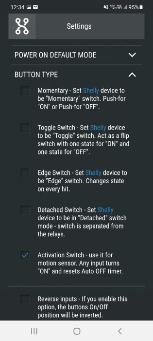Skärmdump av inställningar för Shelly enhet med olika knapptyper som 'Momentary', 'Toggle', 'Edge' och 'Activation switch' vald.