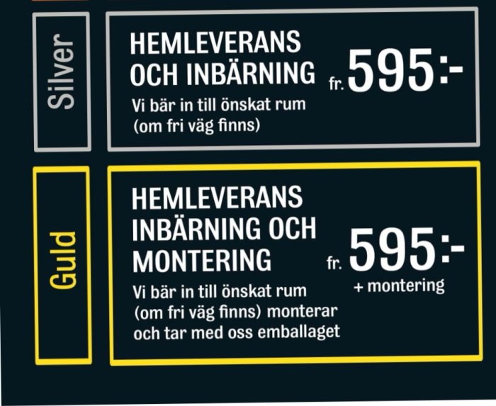 Informationsgrafik om hemleverans och monteringstjänster med priser från 595 kronor.