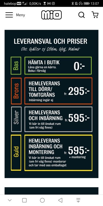 Skärmdump som visar leveransalternativ och priser för hemleverans från Mio med olika servicenivåer.