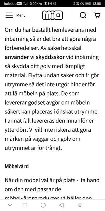 Skärmdump av webbsida med text om förberedelse inför möbelhemleverans.