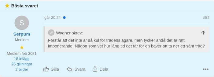 Skärmdump av ett diskussionsforuminlägg markerat som bästa svar med citat och användarprofil.