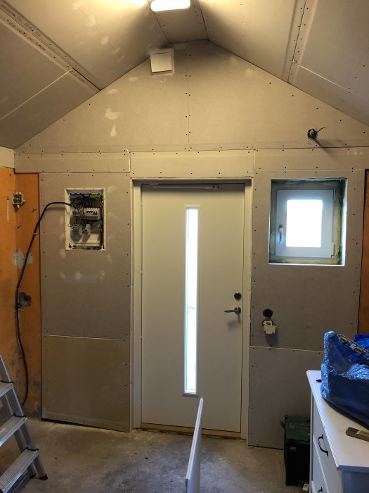 Renoveringsprojekt inne i ett rum med gipsskivor på väggarna och en vit dörr med fönster.