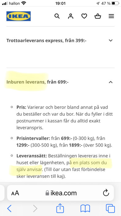 Skärmbild från IKEA-webbsida som visar priser för leveranstjänster, med fokus på "Inburen leverans".