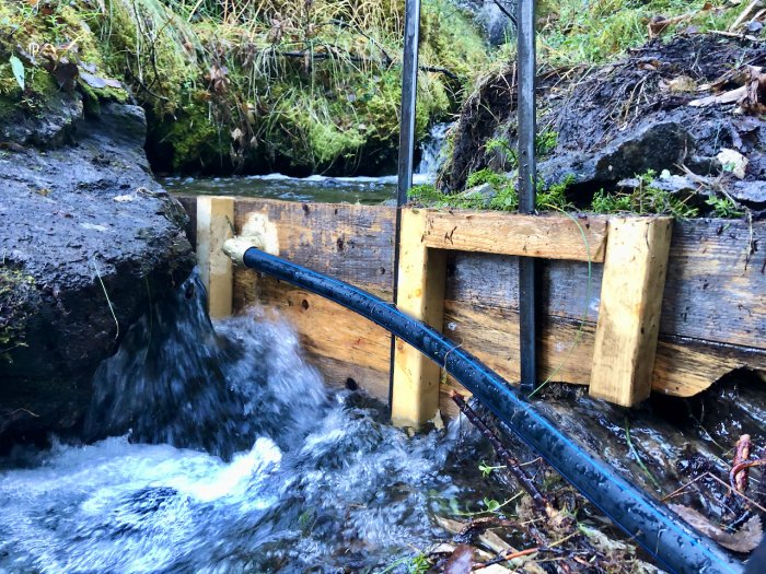 PEM-slang med värmekabel dragen till en träbyggd damm i ett skogsmiljö.