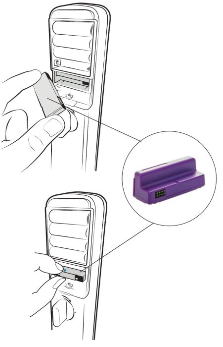 Illustration av demontering av ett låsbatterilock, visar skruvmejsel och envägsskruv, samt en partnermodul.