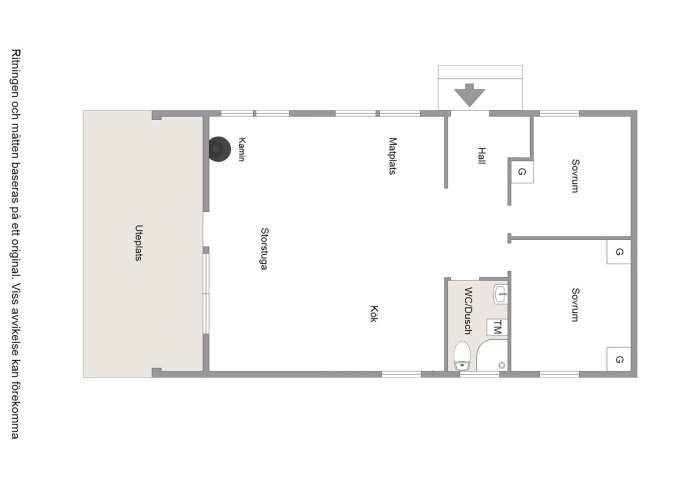 Planritning av hus med befintlig väggstruktur, inkluderar kök, vardagsrum, sovrum och WC/dusch.