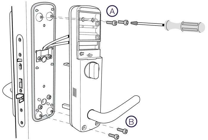 Illustration av en Yale Doorman låsenhet med skruvar markerade med A, en mejsel och ett handtag markerat med B.