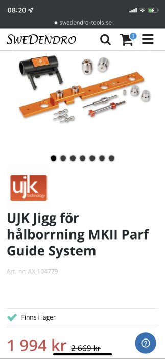 UJK Parf Guide System för exakt hålbearbetning i trä med tillhörande verktyg och tillbehör, rabatterat pris visas.