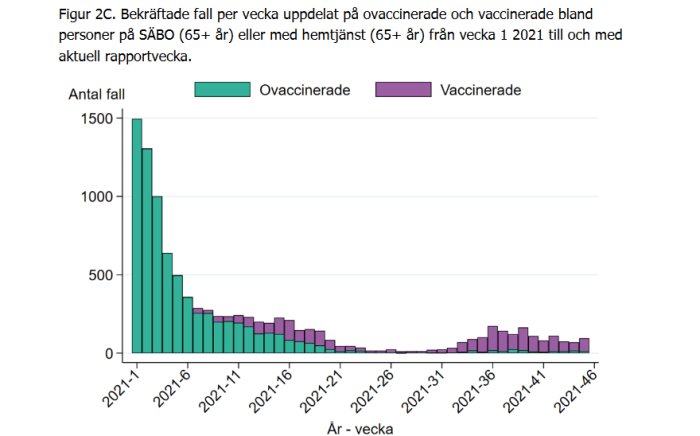 Stapeldiagram över bekräftade fall per vecka bland ovaccinerade och vaccinerade personer 65+ i SÄBO och hemtjänst 2021.