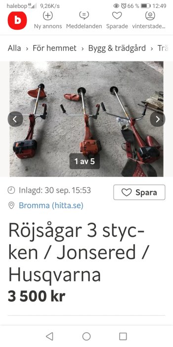 Tre röjsågar av märkena Stihl, Jonsered och Husqvarna på betonggolv.